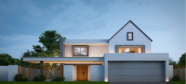 Modern two-story house with garage at dusk.