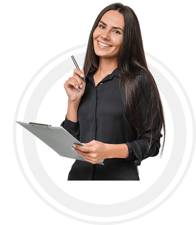 Smiling woman holding clipboard and pen.