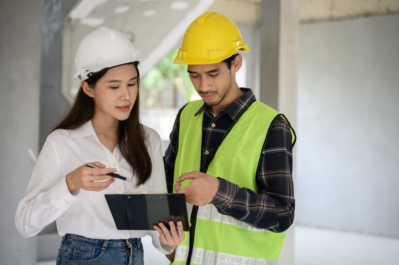Construction workers reviewing plans on tablet.